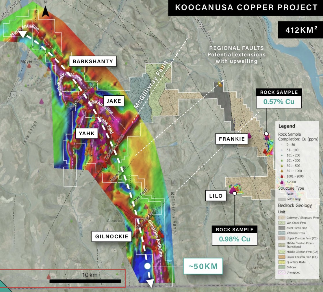 Koocanusa Copper Project map showing the ~50 km copper trend, targets and rock samples