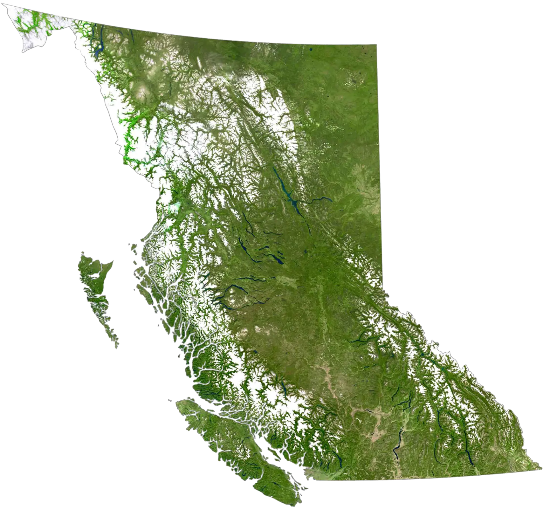 Satellite map of British Columbia showing the Koocanusa Project near Cranbrook in the province's southeast